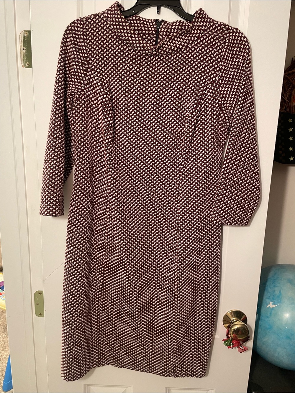 Talbots Burgundy, White & Black Patterned Knee Length Sheath Dress
